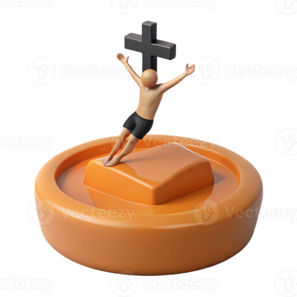 3D Render of a Figure with Arms Raised on a Platform with a Cross Above png