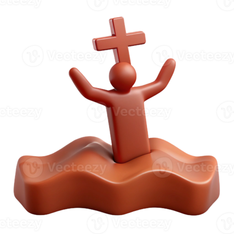 3D Render of a Person with Arms Raised and a Cross Above Their Head Emerging from Water png