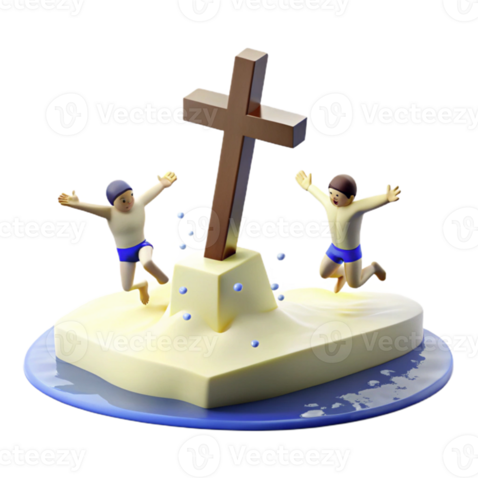Two Figures Celebrating on a Small Island with a Cross png