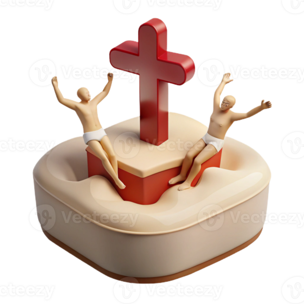 3D Render of Two Figures Celebrating on a Platform with a Cross png