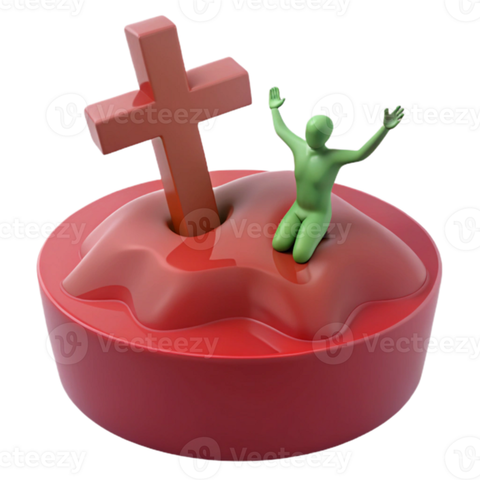 3D Render of a Figure Kneeling Before a Cross on a Red Base png