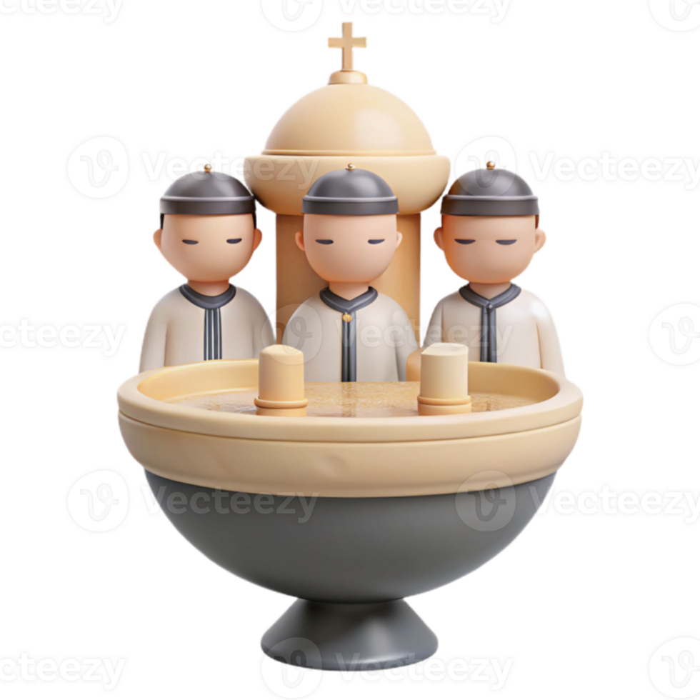 3D Rendered Illustration of Three Figures at a Baptismal Font png