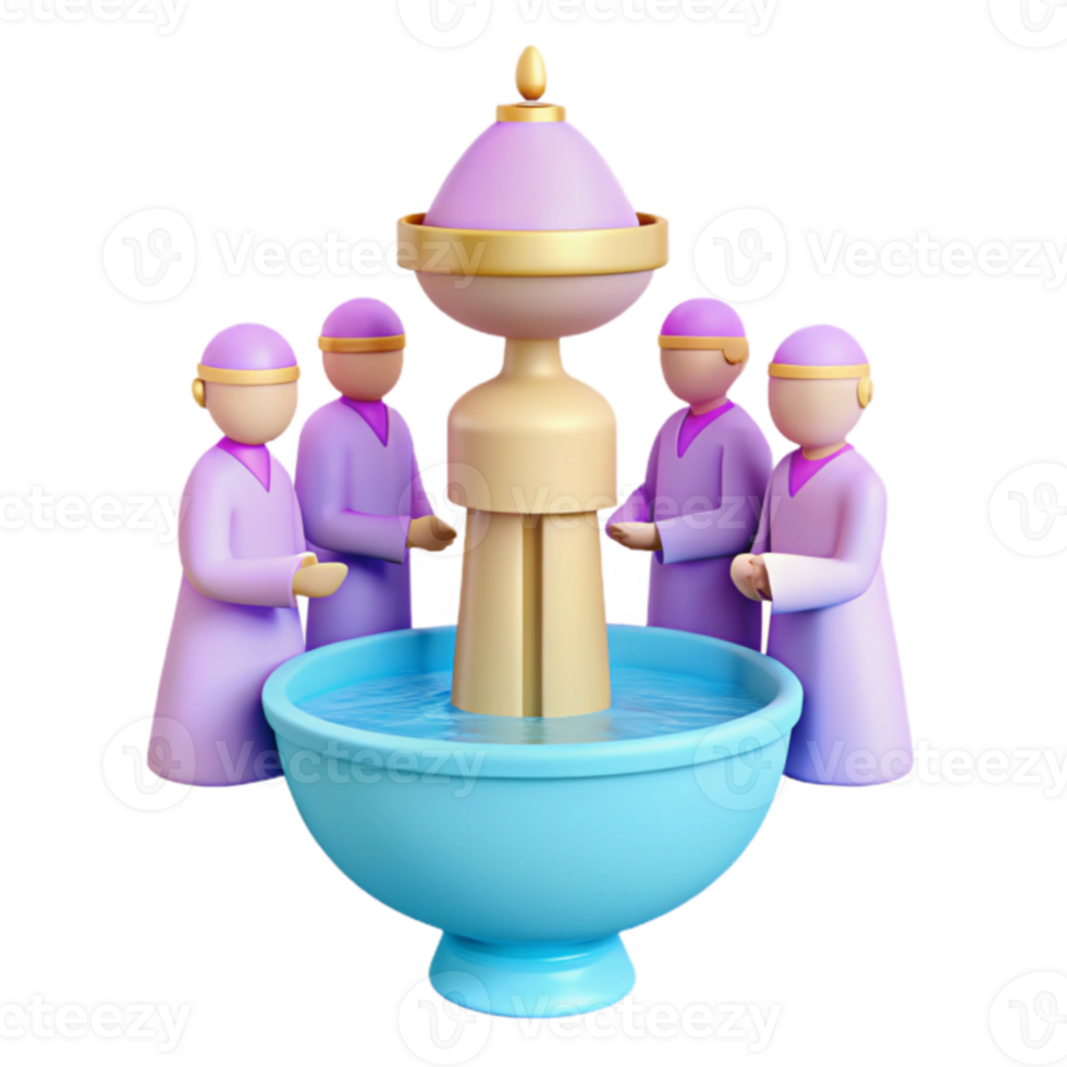 3D Illustration of People Around a Fountain png