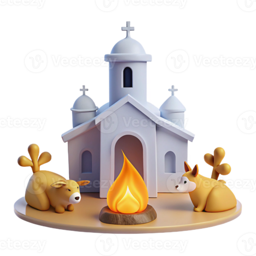 3D Render of a Church with a Fire and Two Animals png