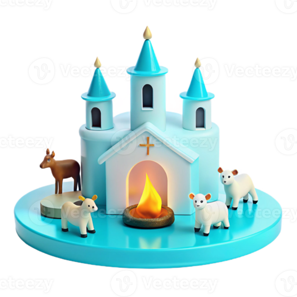 3D Render of a Blue Church with a Fire and Animals png