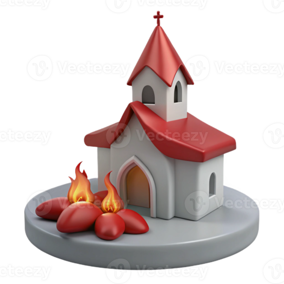 3D Church with Red Roof and Flames png