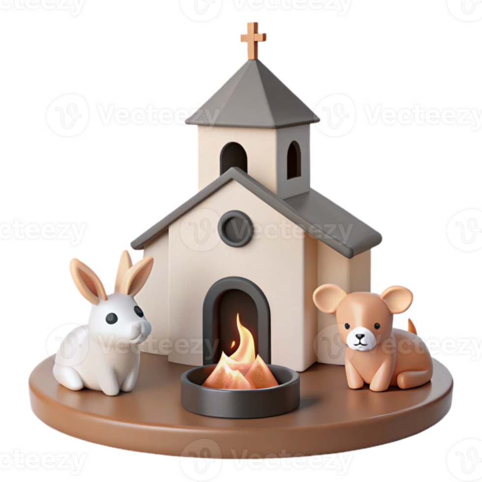 3D Render of a Small Church with a Rabbit and a Dog png