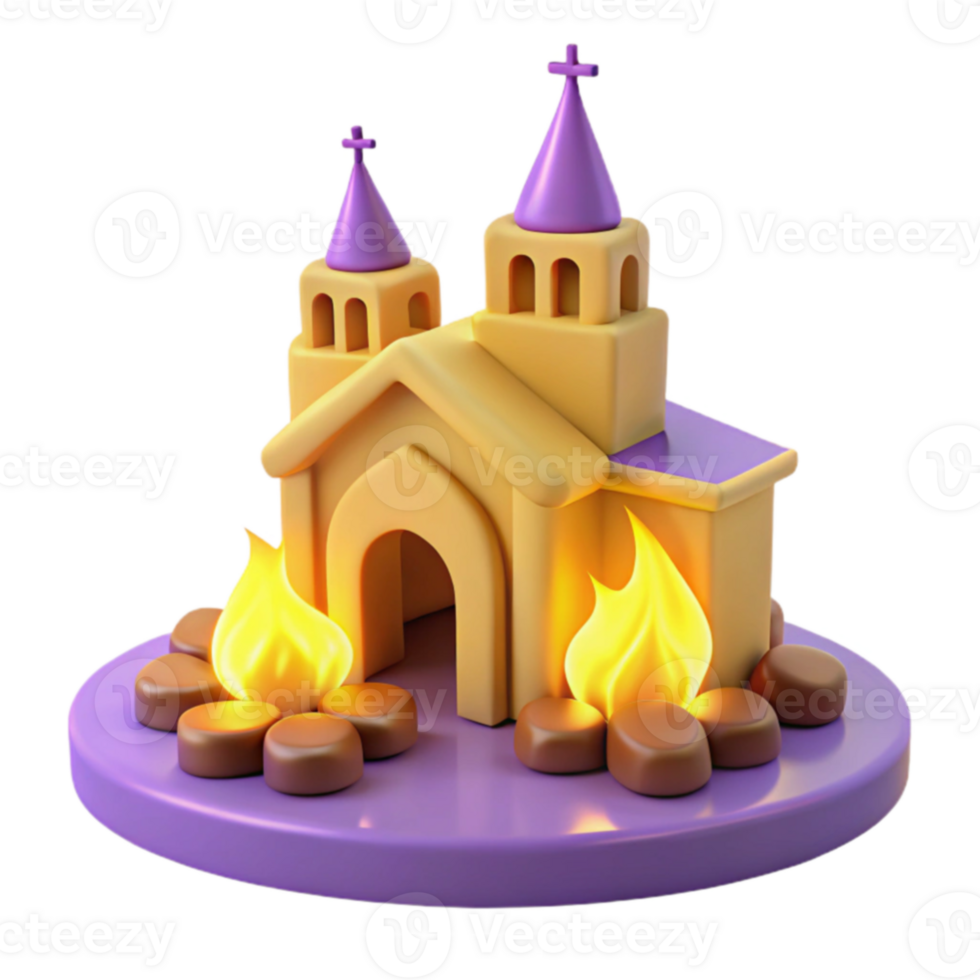 3D Render of a Church with Flames Around It png
