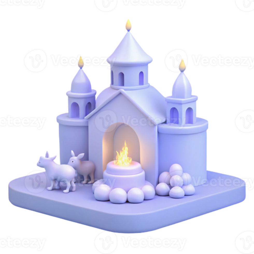 3D Render of a Purple Castle with a Fire and Animals png
