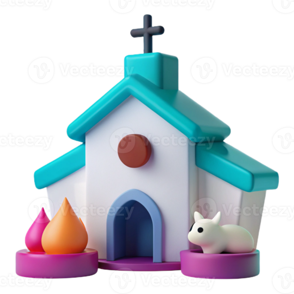 3D Cartoon Church Model with Cross, Door, and Animal png