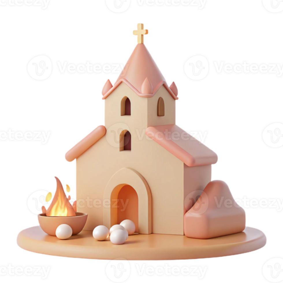 3D Render of a Church with a Fire and Eggs png