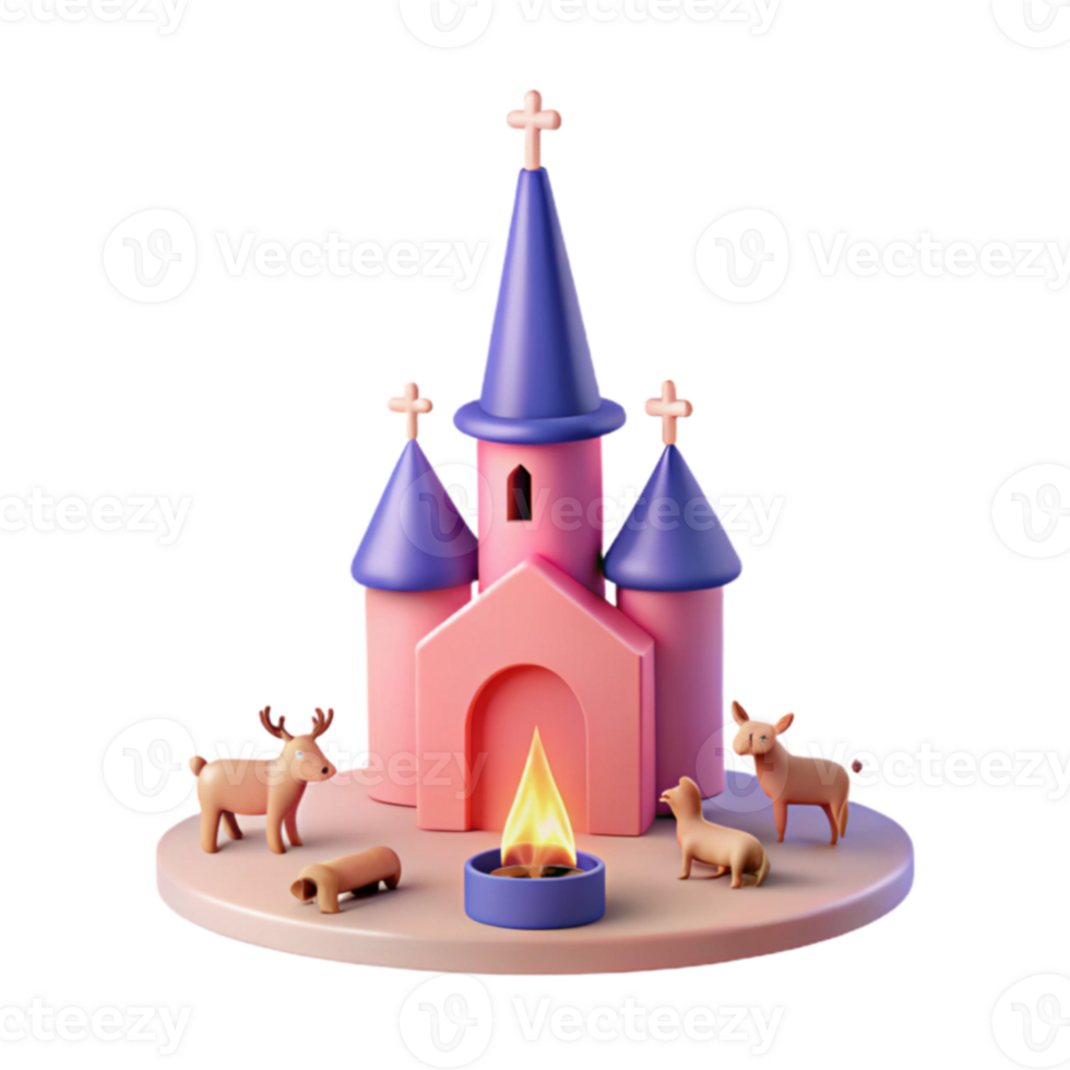 3D Render of a Pink Castle with Animals and a Candle png