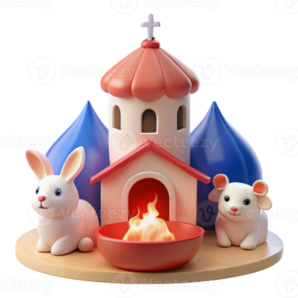 Cute 3D Render of a Church with Rabbits and Mice png