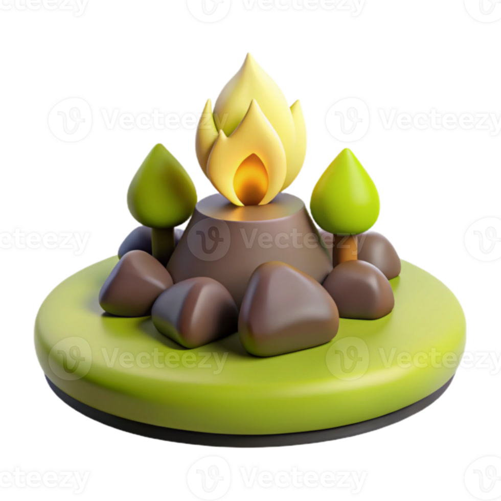 Campfire 3D Render with Trees and Rocks png