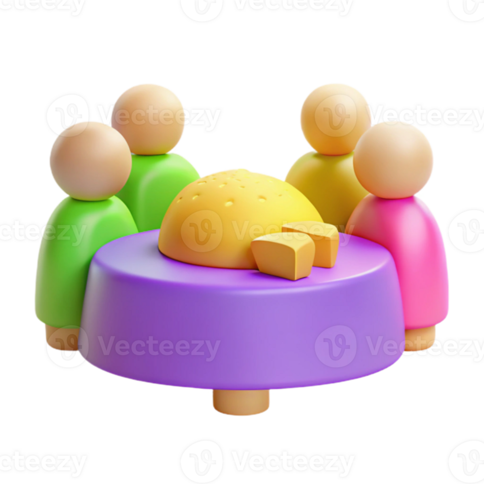 3D Render of Colorful Figures Around Table with Food png
