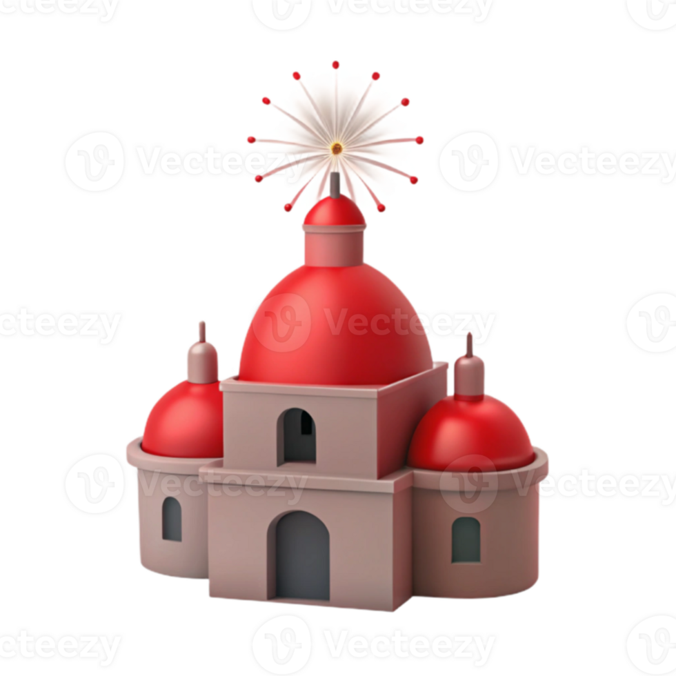 3D Model of a Church with Red Domes and a White Flower on Top png