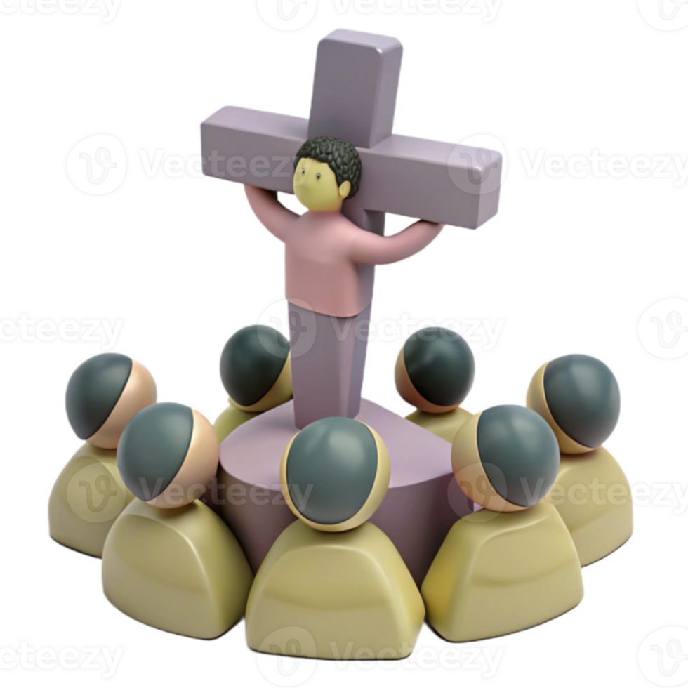 3D Illustration of a Person on a Cross Surrounded by a Crowd png