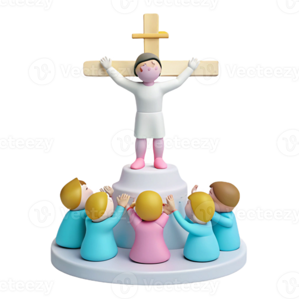 3D Render of a Figure on a Cross With People Looking Up png