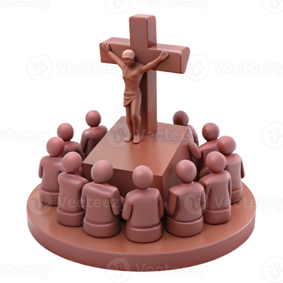 3D Render of a Figure on a Cross with People Surrounding png