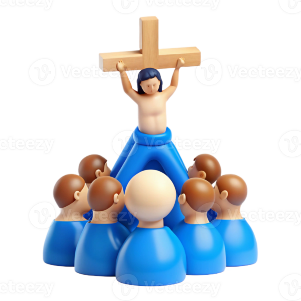 3D Illustration of a Figure on a Cross Surrounded by a Group of People png