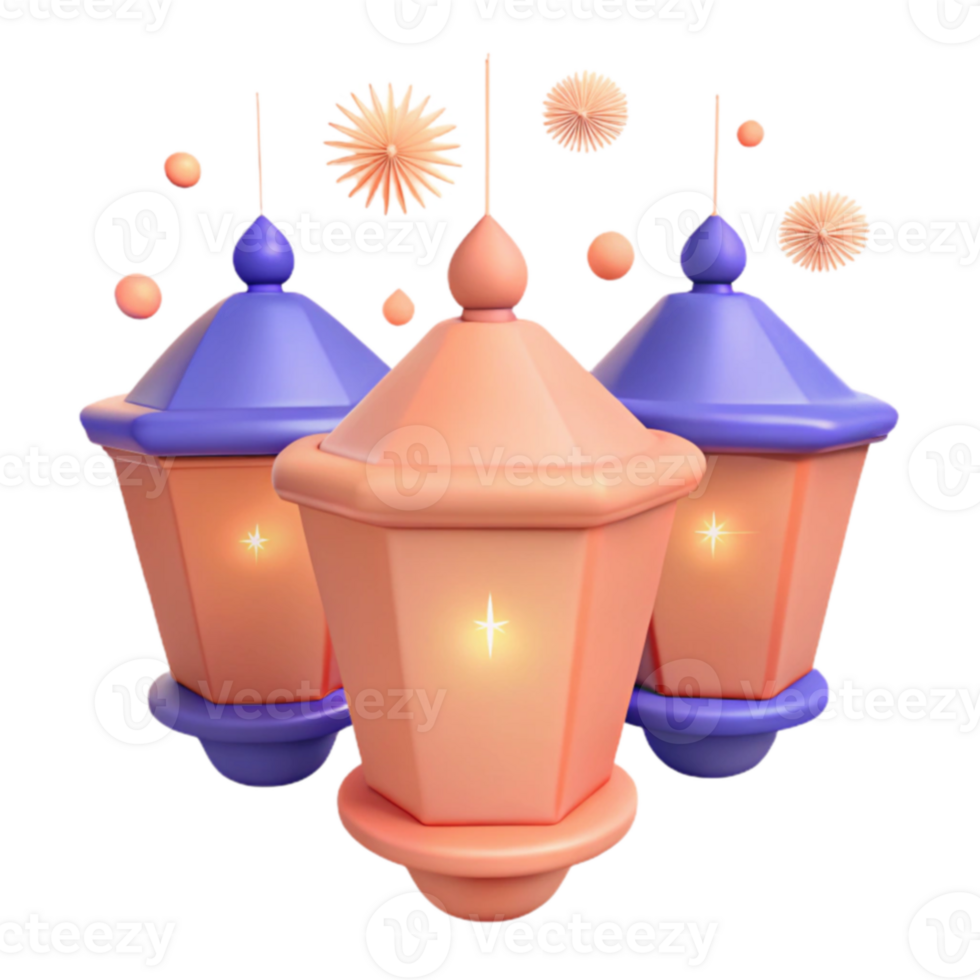 Three Festive Lanterns with Glowing Lights and Decorative Elements png