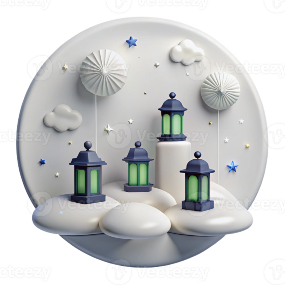 3D Rendered Illustration of Lanterns on Clouds with Stars png