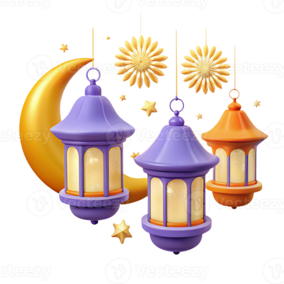 Purple and Orange Lanterns with Crescent Moon and Stars png