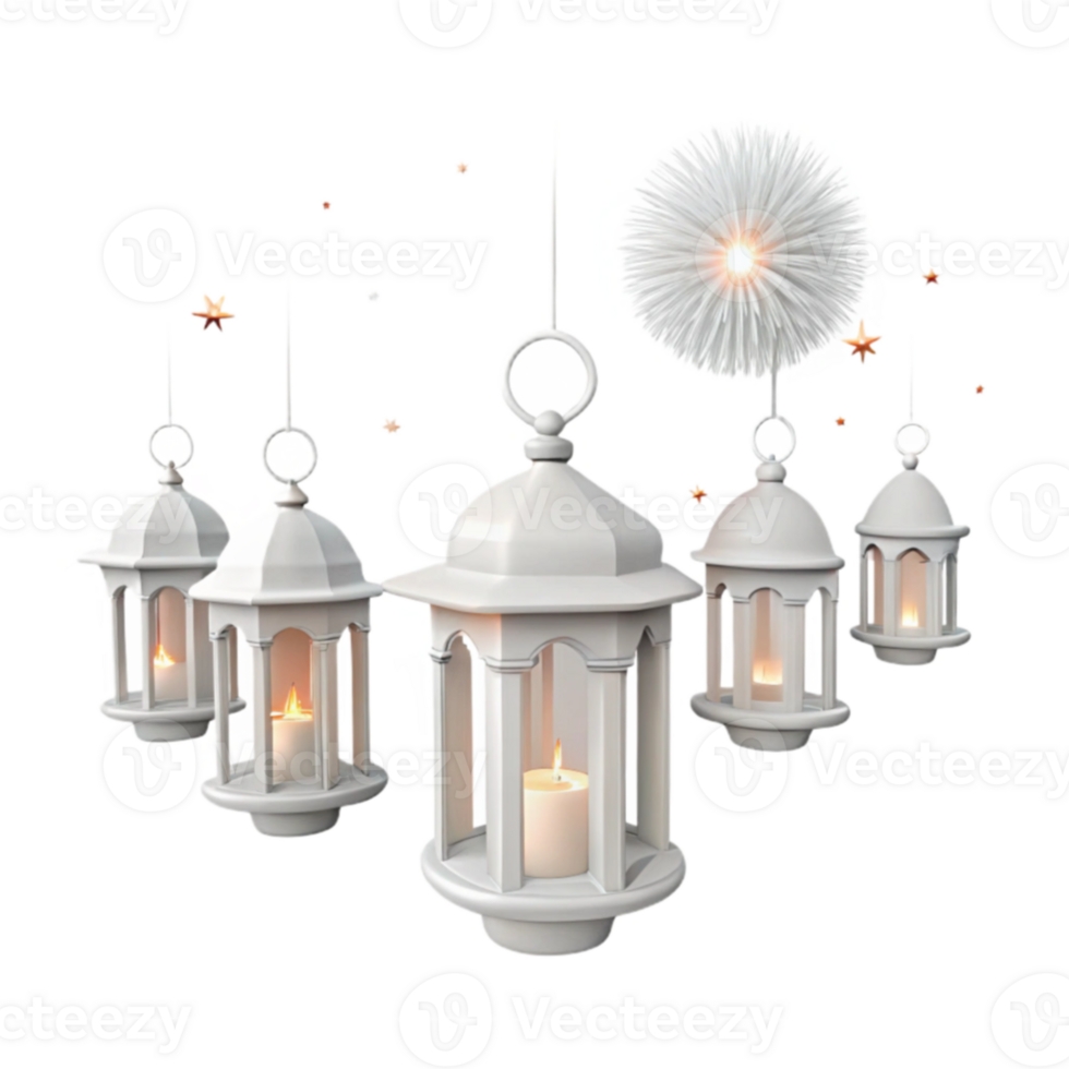 White Lanterns with Candles Hanging in a Festive Atmosphere png