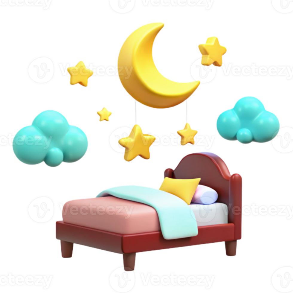 3D Render of a Bed with a Crescent Moon, Stars, and Clouds png