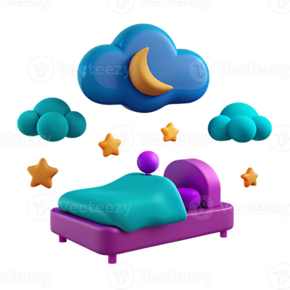 3D Cartoon Bed with Moon, Stars, and Clouds png