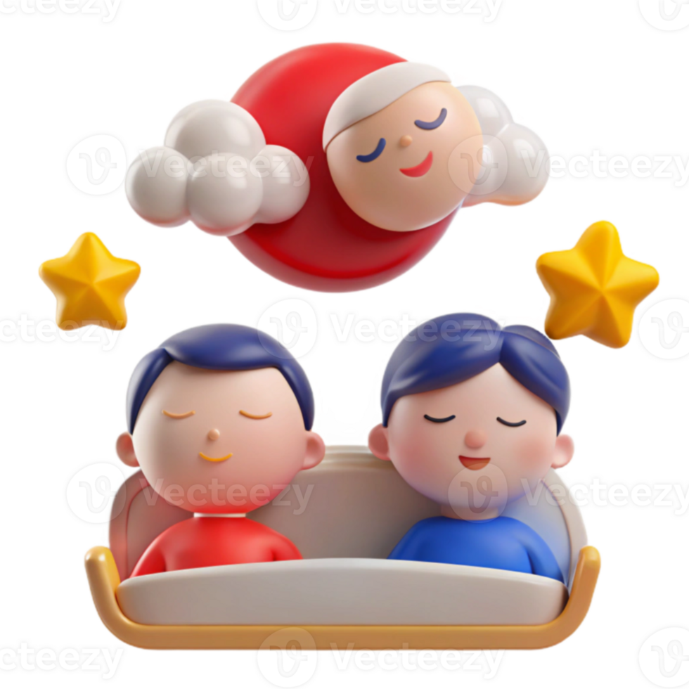 Sleeping Characters in a Bed with Stars and a Cloud png
