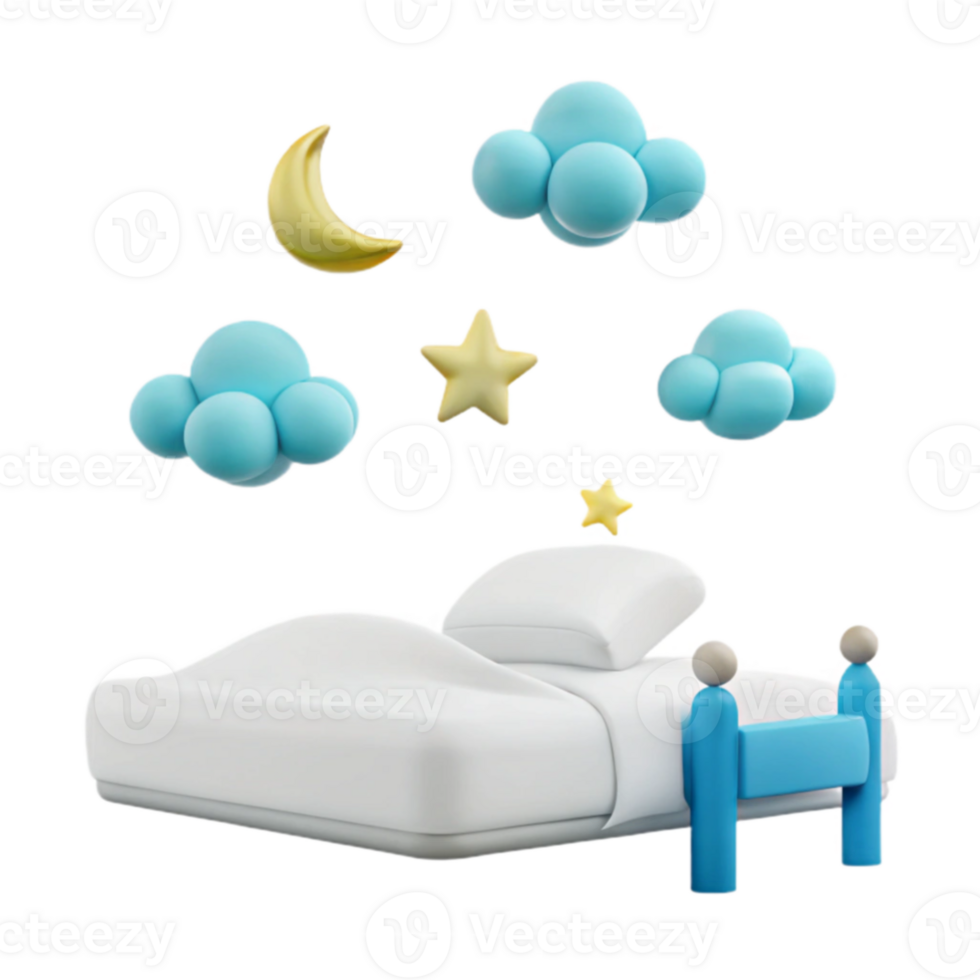 3D Cartoon Bed with Pillows, Clouds, Stars and Moon png