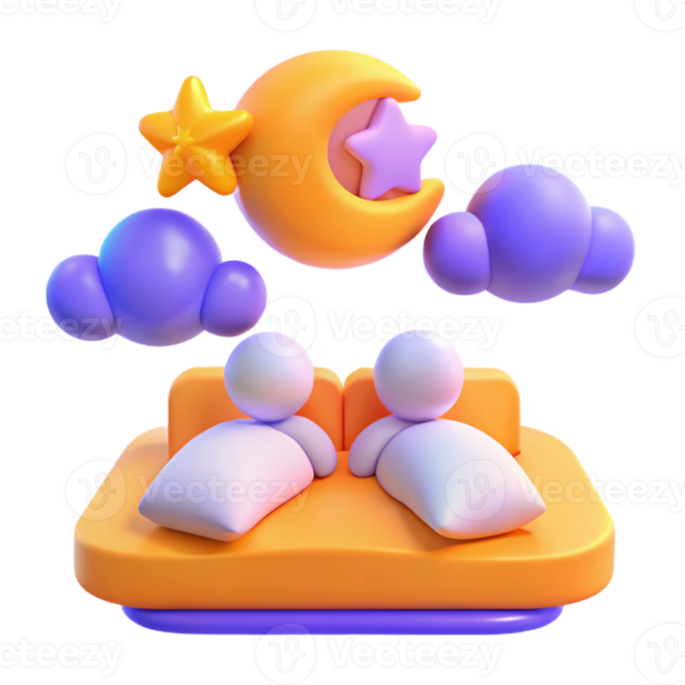 3D Illustration of Two People Sleeping in a Bed with a Moon and Stars Above png
