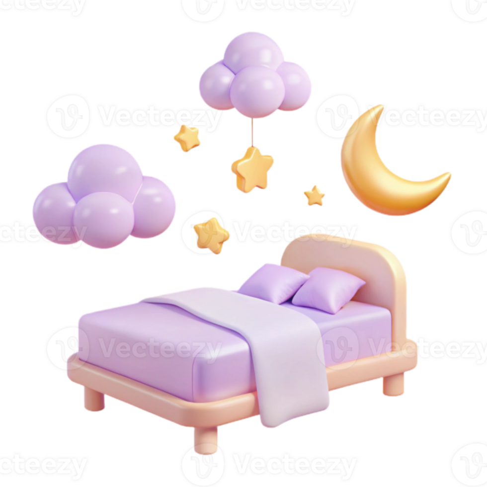 3D Rendered Bed with Clouds and Stars png