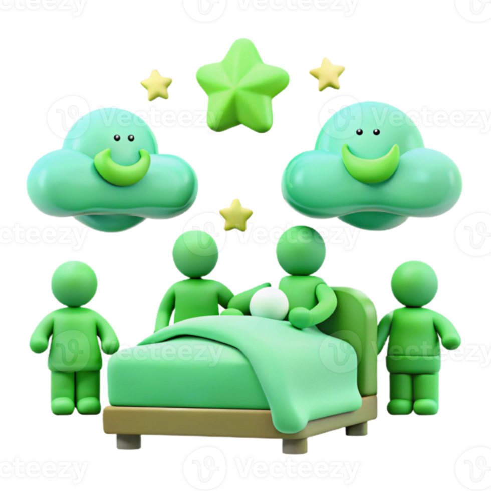 Sweet Dreams 3D Illustration of a Bedtime Scene with Sleeping Figures and Stars png