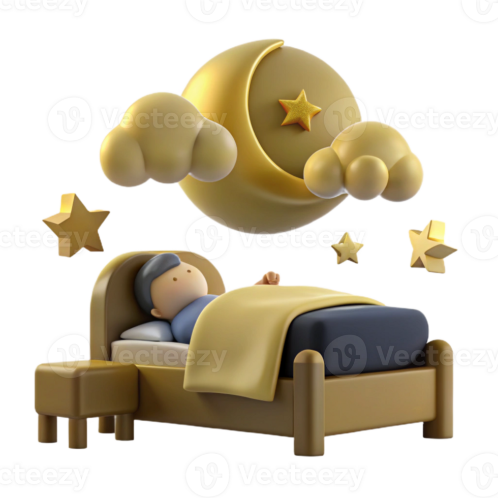 3D Illustration of a Person Sleeping in a Bed with a Crescent Moon and Stars png