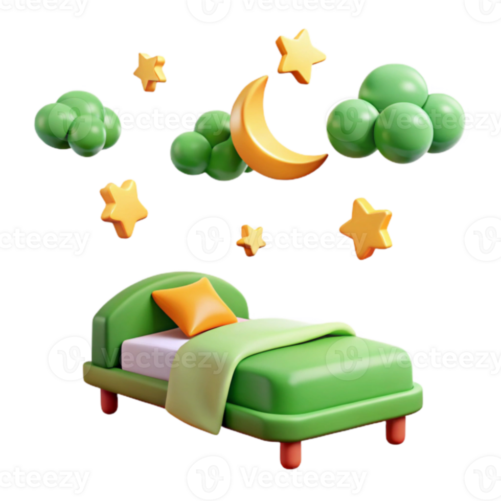 3D Rendered Bed with Clouds, Moon, and Stars png