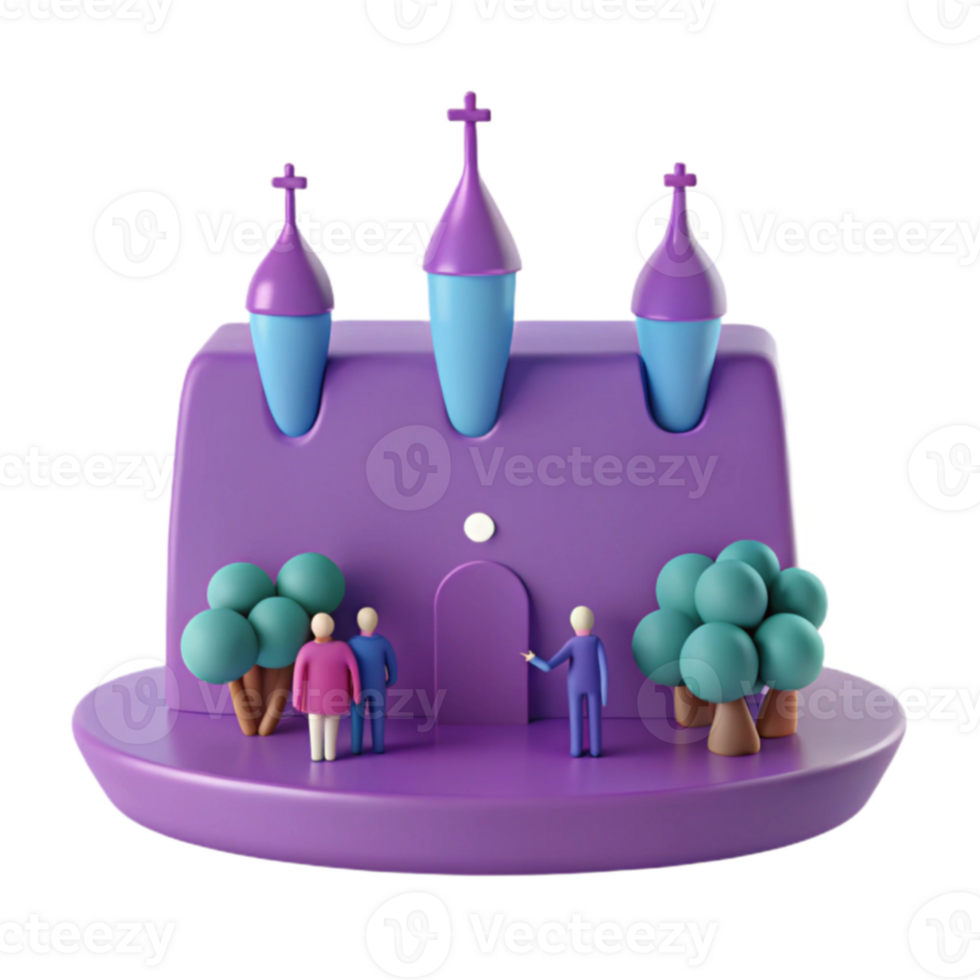 3D Render of a Small Purple Church with People Standing Outside png