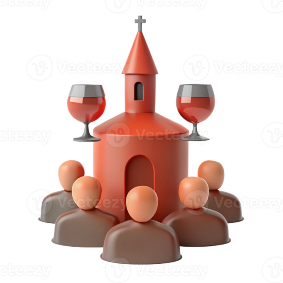 3D Illustration of a Church with Wine Glasses and People Surrounding It png