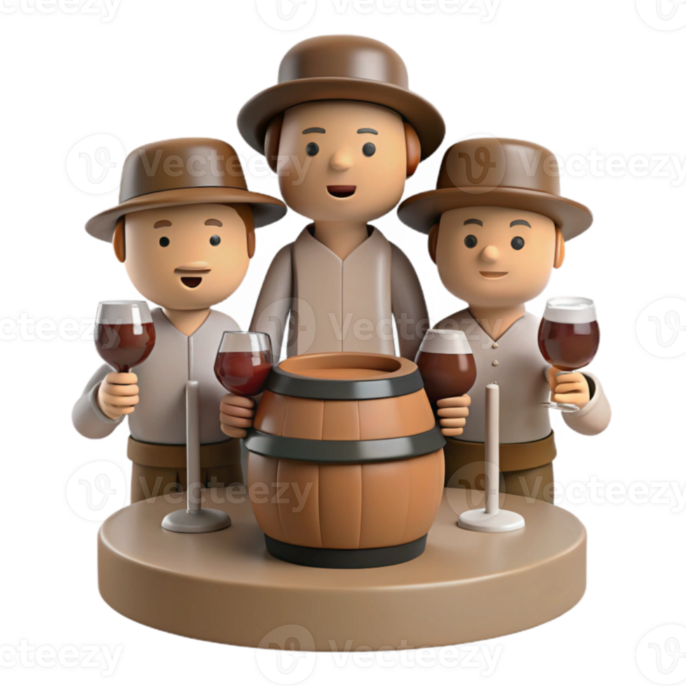 Three Cartoon Characters Toasting with Wine Glasses in Front of a Wine Barrel png