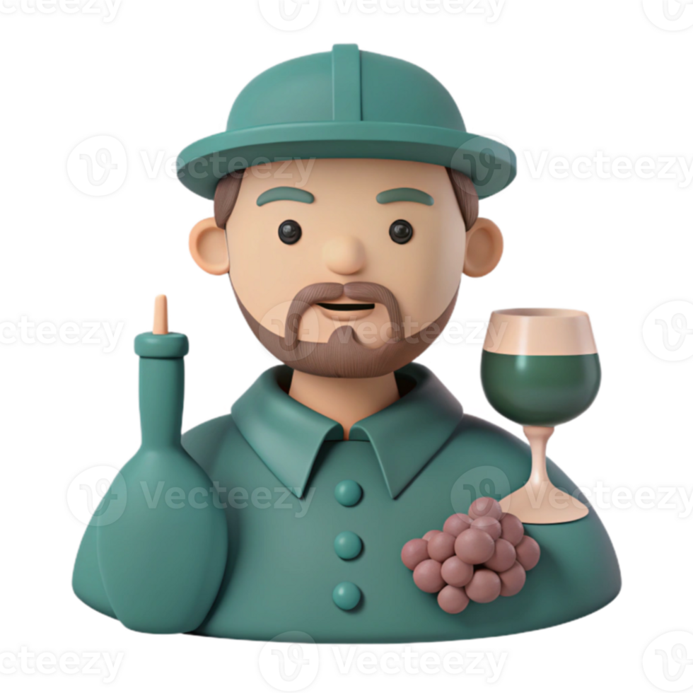 3D Cartoon Character with Wine Bottle, Glass and Grapes png
