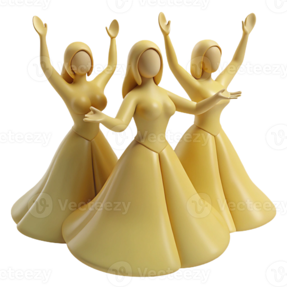 Three 3D Rendered Figures in Yellow Dresses Raising Their Arms png