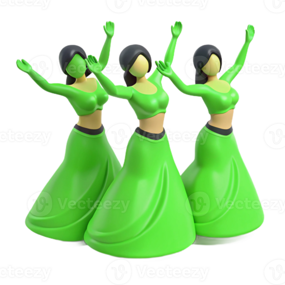 Three Cartoon Women in Green Dresses Dancing png
