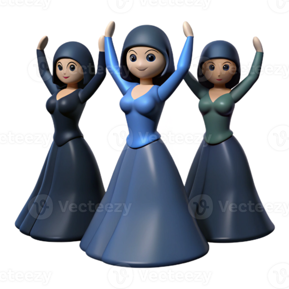 Three Cartoon Characters in Dresses Raise Their Arms png