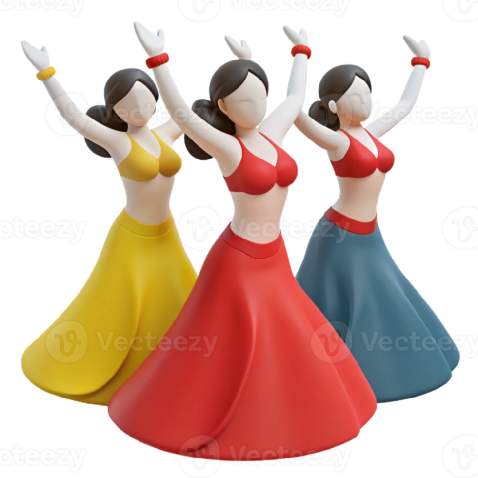 Three Dancing Figures in Colorful Skirts png