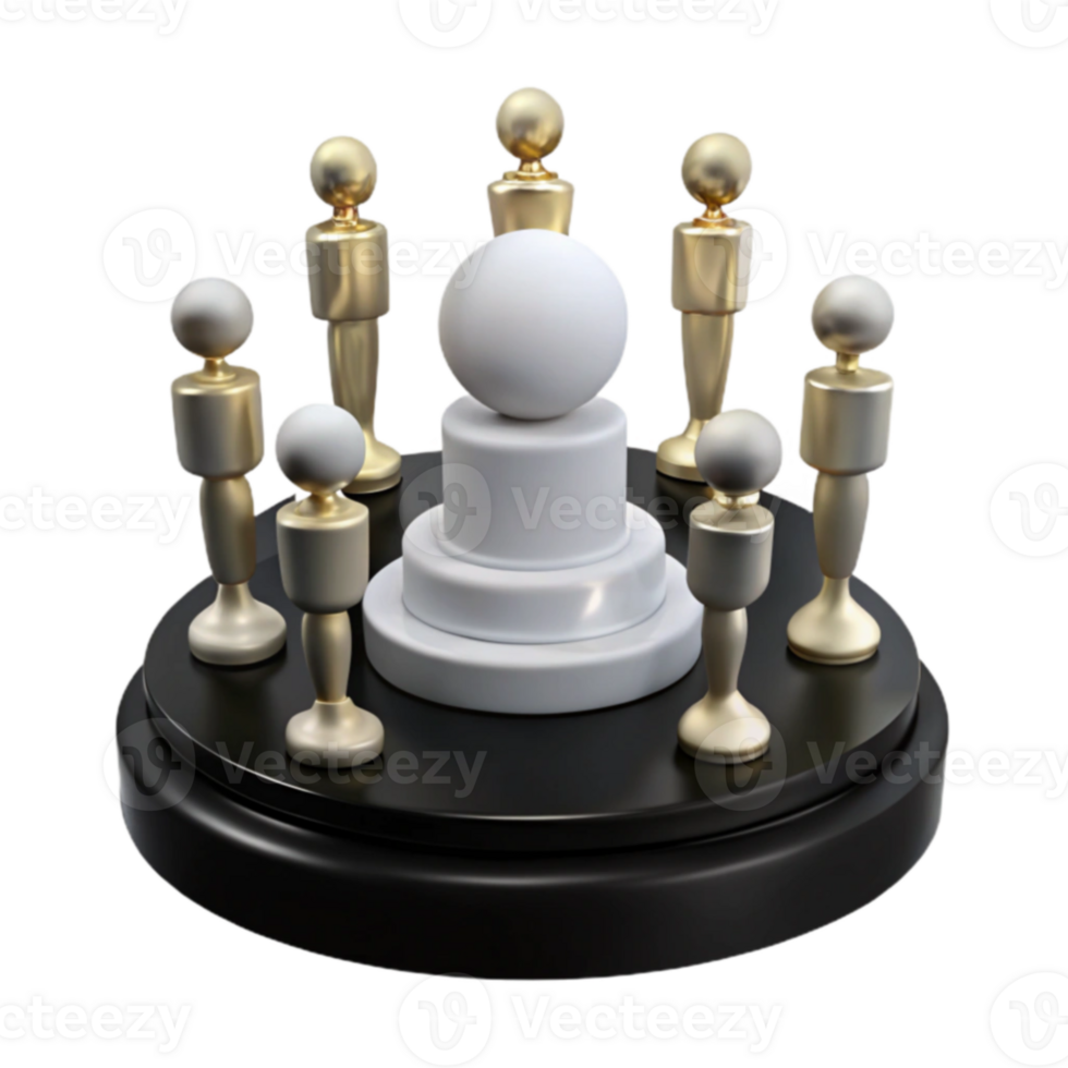 Gold Statues Surrounding a White Sphere on a Black Circular Platform png