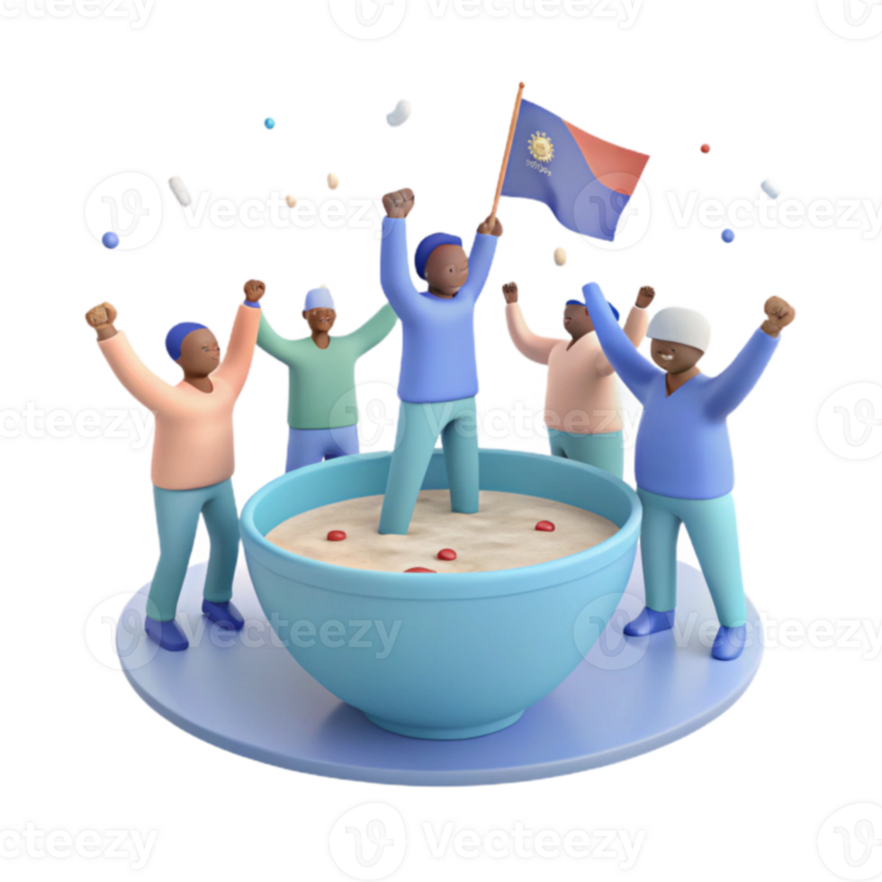 Cheerful 3D Characters Celebrating Around a Bowl of Cereal png