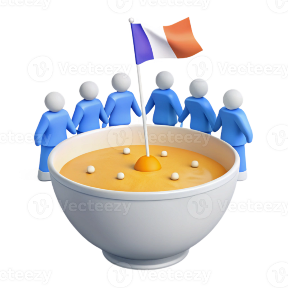 Group of People Holding Hands Around a Bowl of Soup with a Flag Sticking Out png