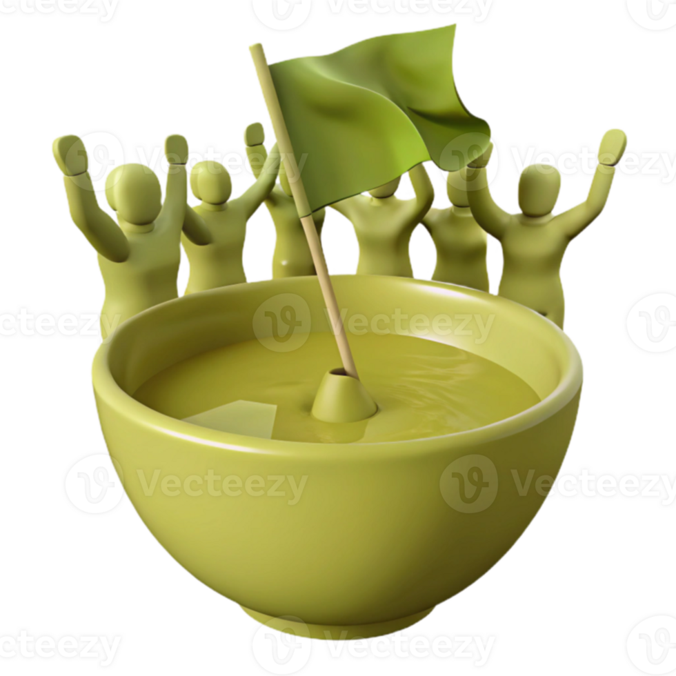 Group of Figures Raising Hands Around Bowl with Flag png