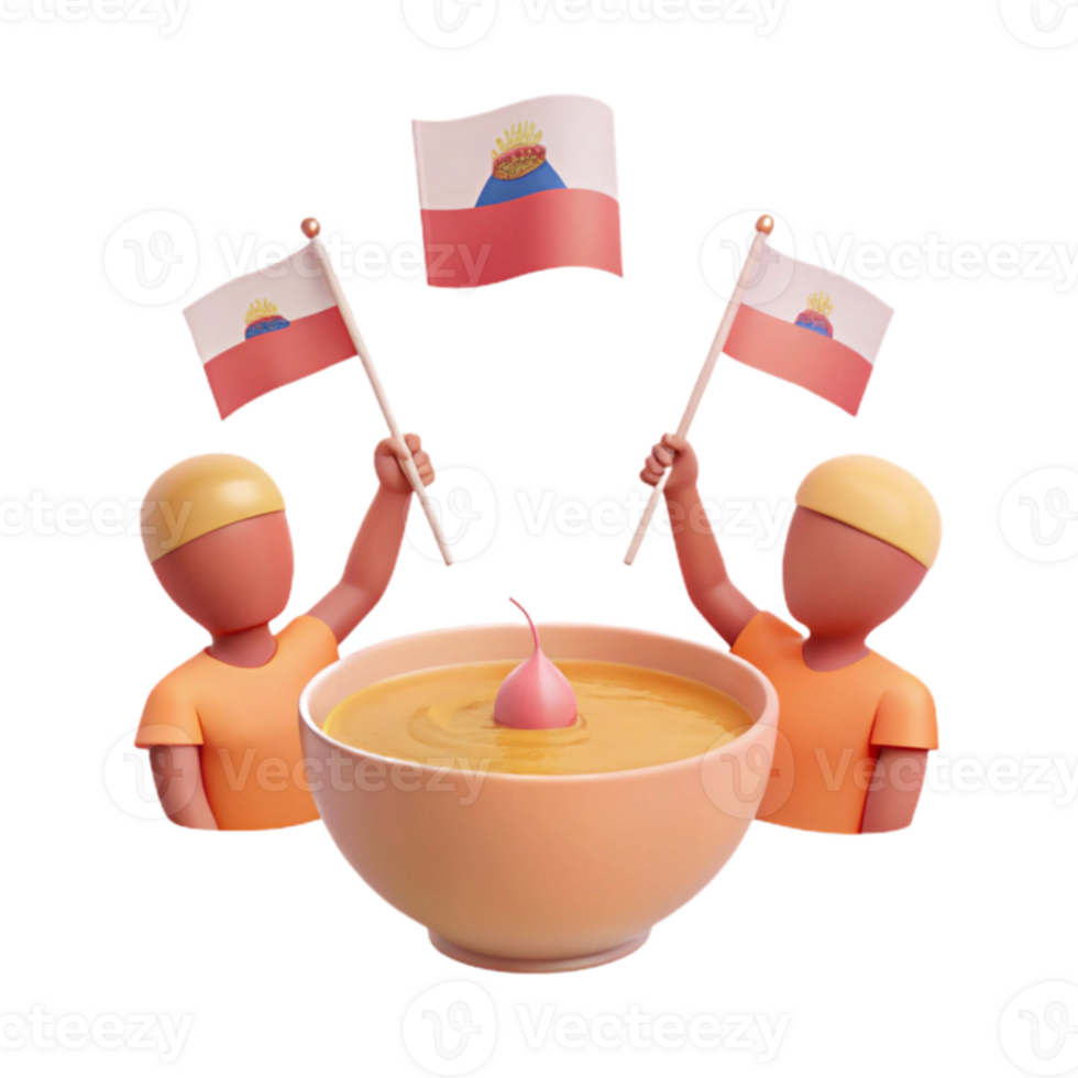 3D Render of Characters Celebrating with Flags and Bowl of Soup png